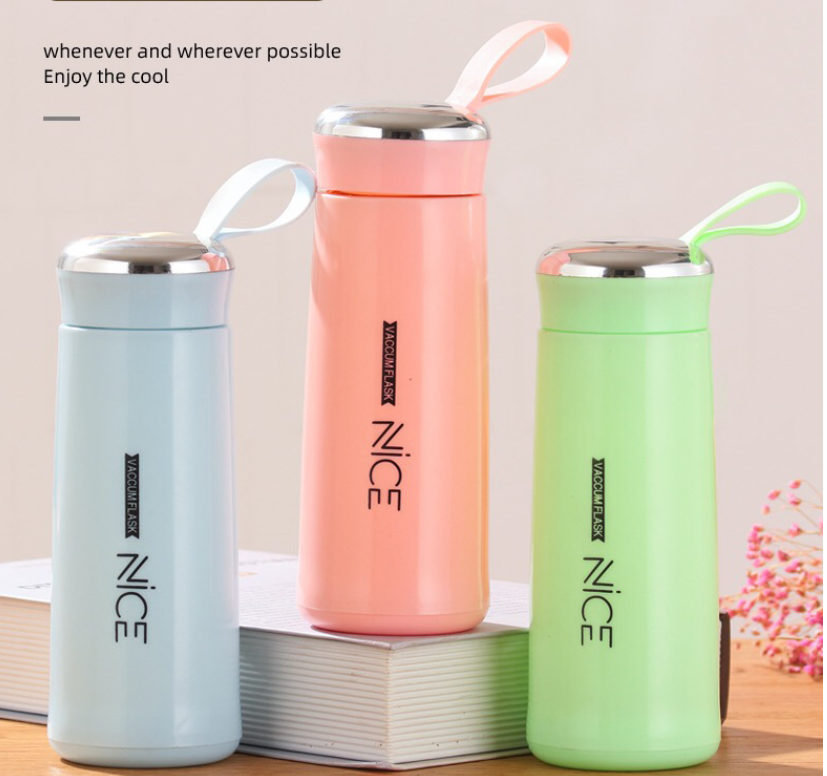 400ml colored glass water bottle with strap, portable, leak-proof, classic design, vacuum flask for daily hydration, back-to-school gift