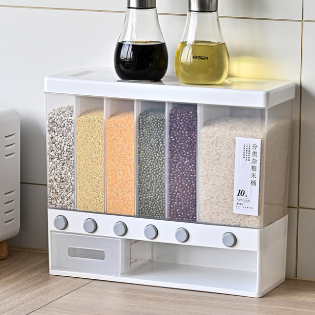 Dry food dispenser, wall-mounted rice container, bulk food storage. The cereal boxes can hold six types of cereal.